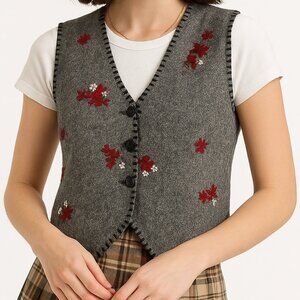 Foxcroft Womens Gray Wool Blend XL V Neck Sweater Vest Christmas Teacher Flower